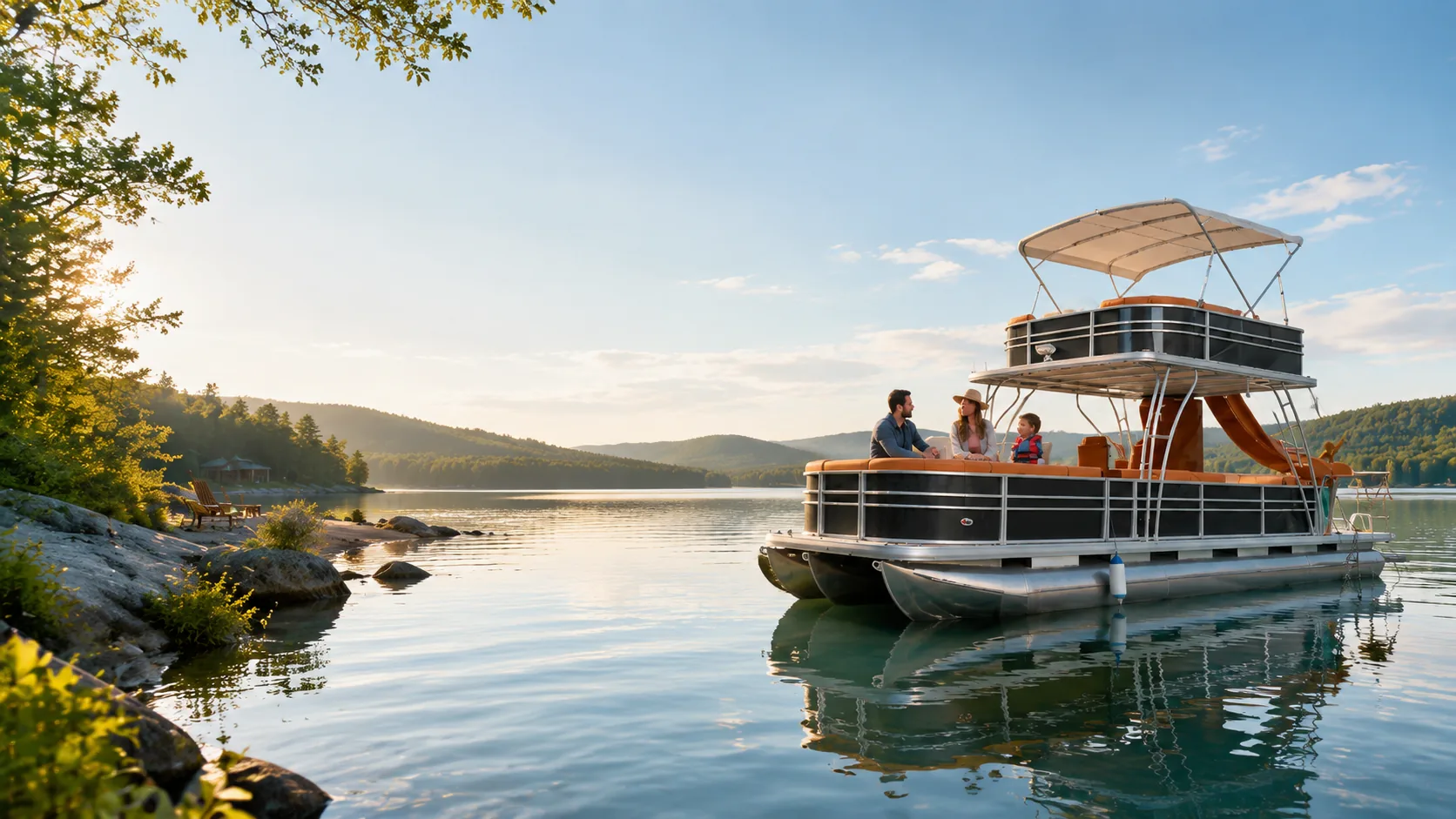 Double-deck aluminum pontoon boat on a calm lake