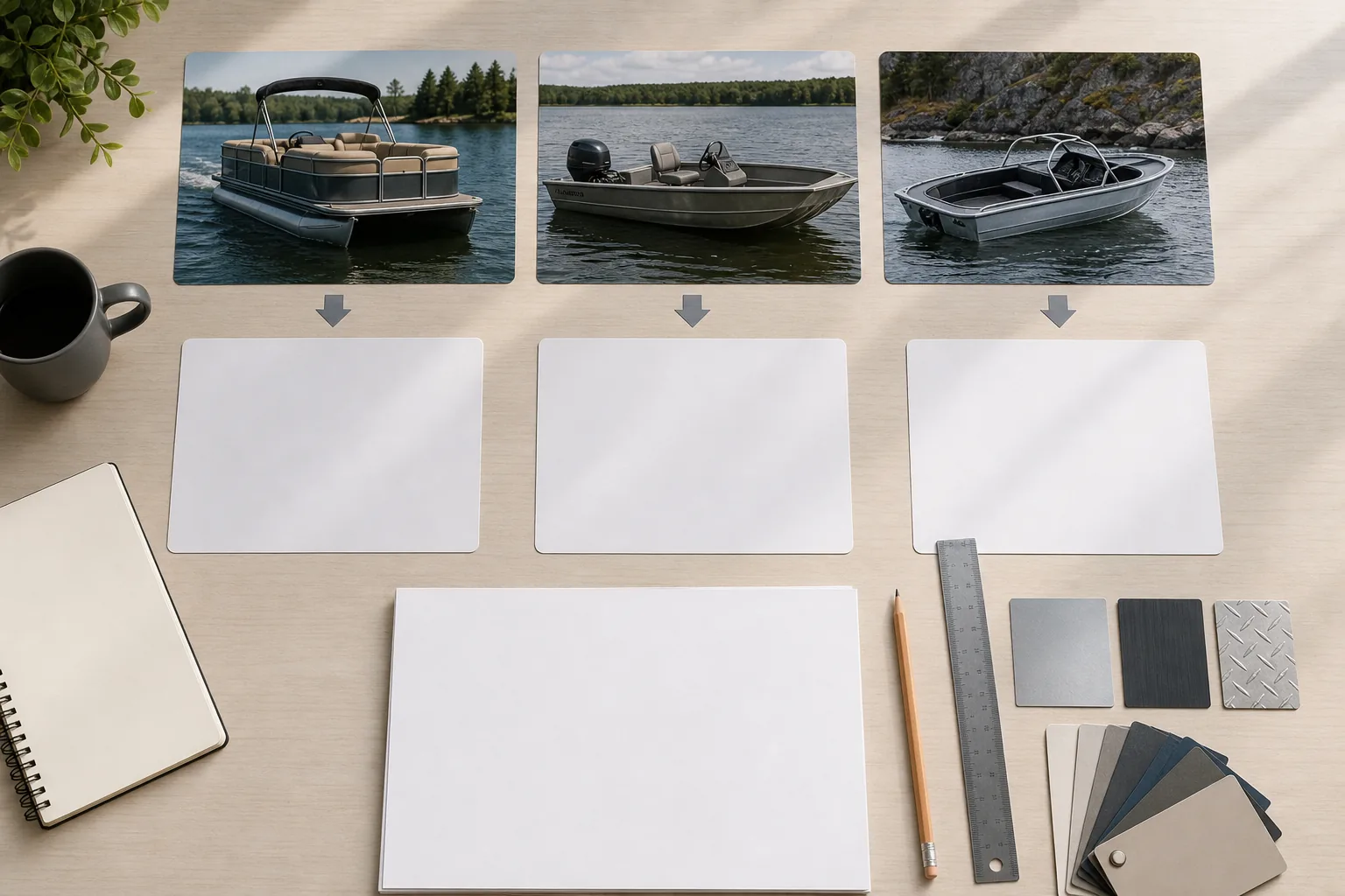 Aluminum boat buyer checklist planning desk with pontoon fishing and compact boat options