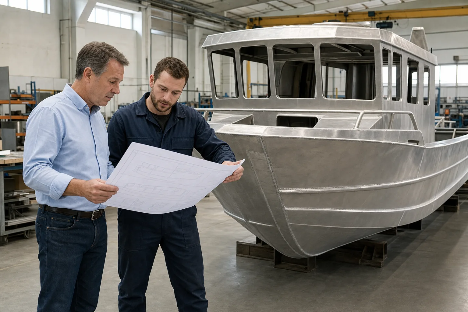 Boat buyer and manufacturing engineer reviewing an aluminum boat drawing in a workshop