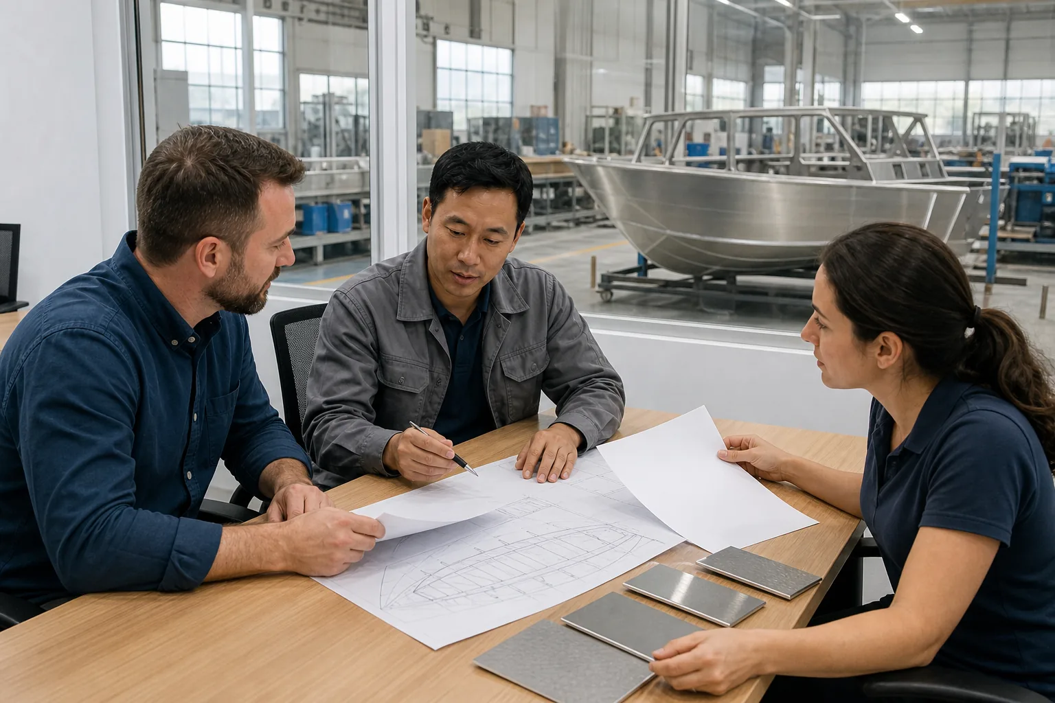 Buyer and aluminum boat supplier team reviewing a project brief and material samples