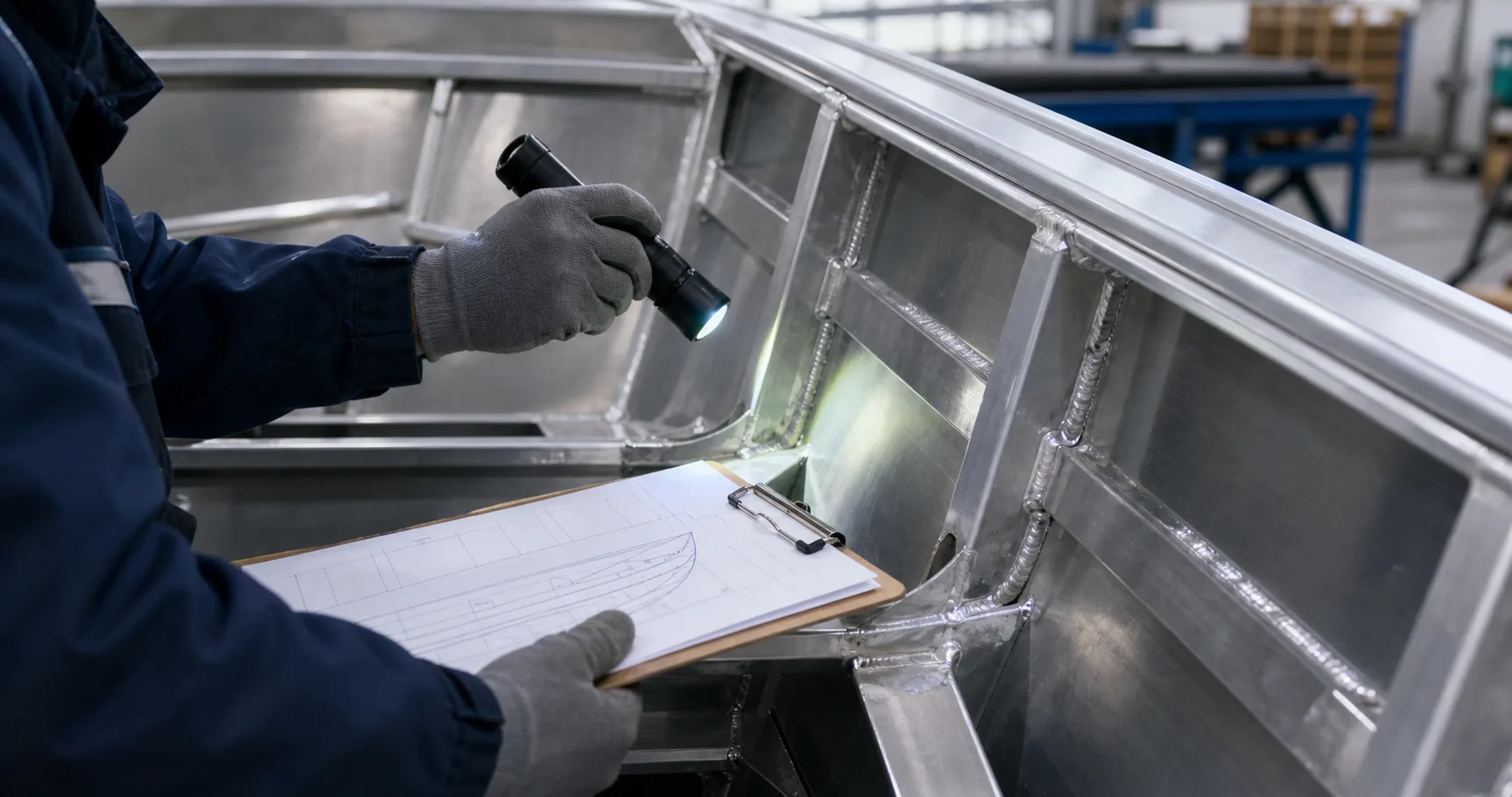 Inspector reviewing aluminum boat welds and internal structure against a drawing