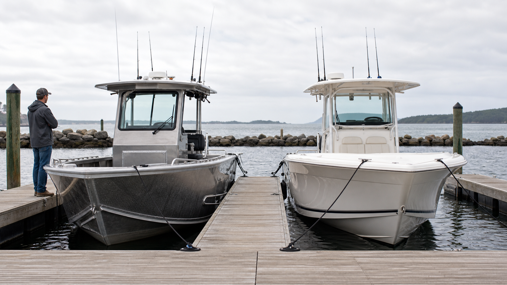Side-by-side commercial marina view of aluminum and fiberglass fishing boats