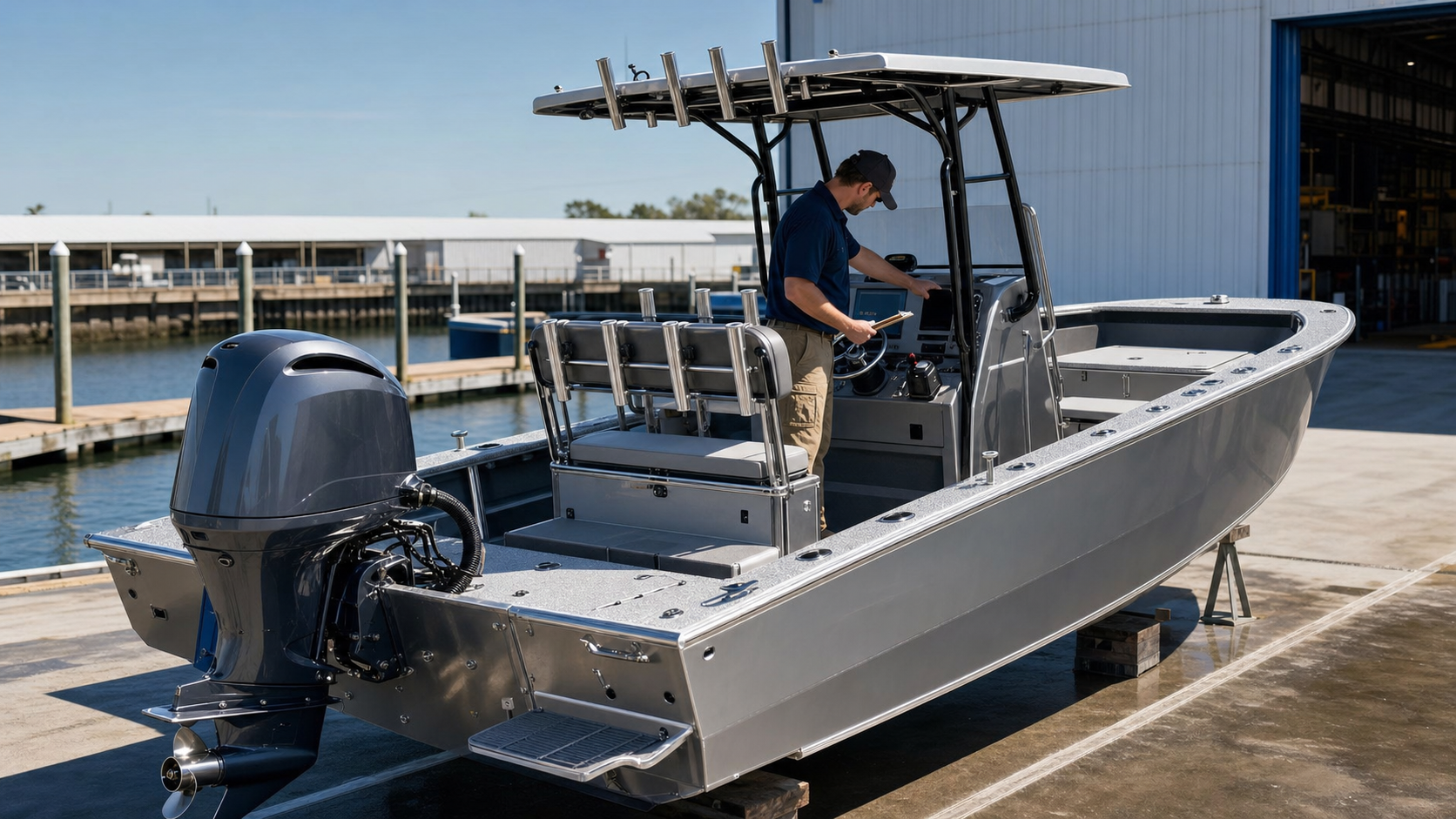 Center console fishing boat prepared for dealer inspection before delivery
