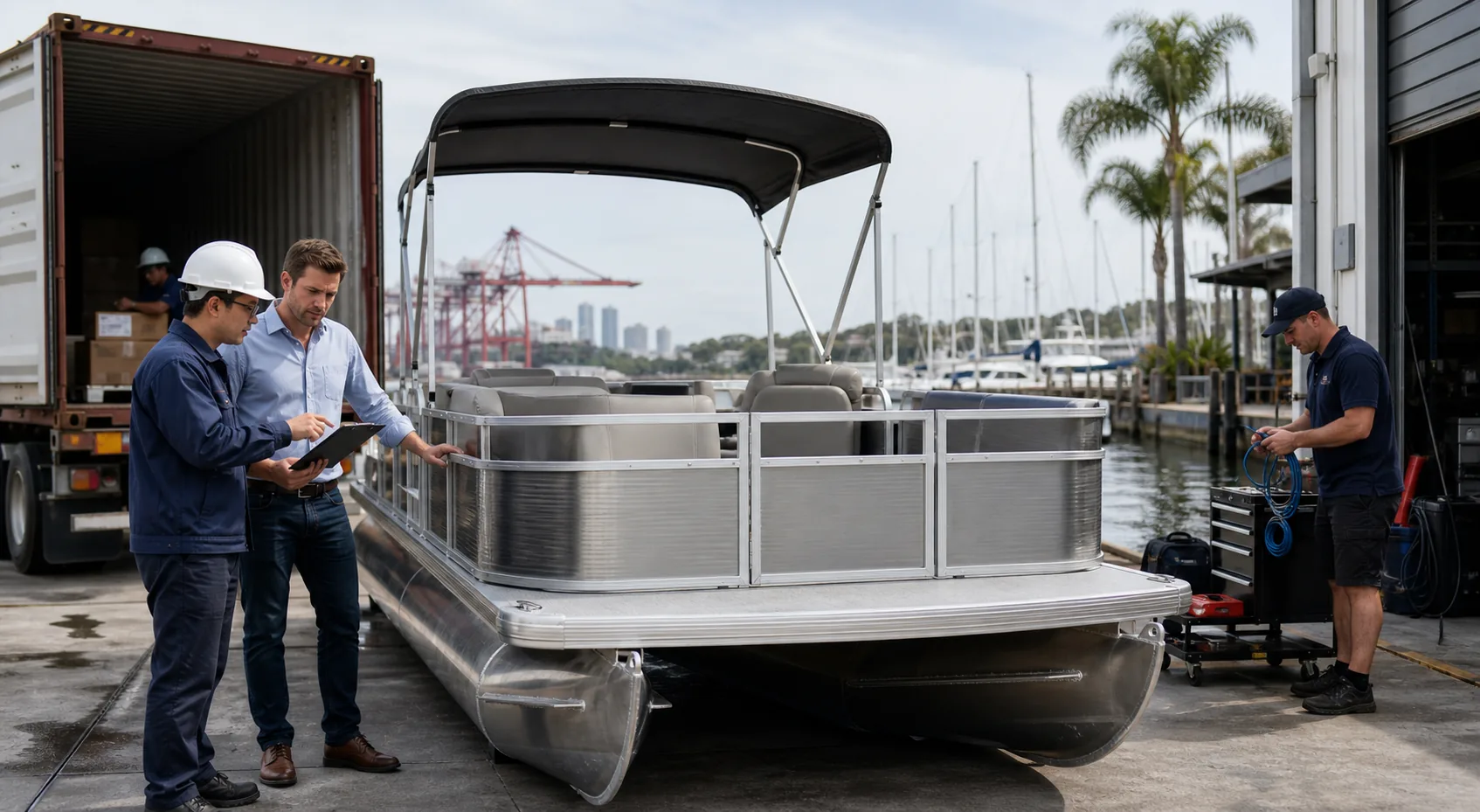 Aluminum pontoon boat during logistics and local handover planning at a marina