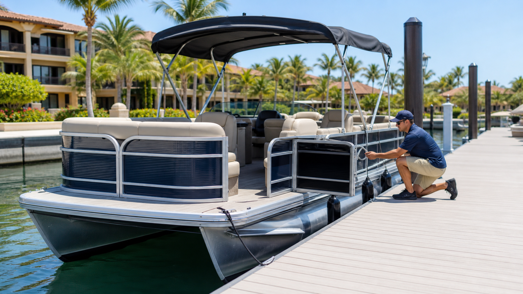 Wide resort dock boarding zone beside a commercial pontoon boat