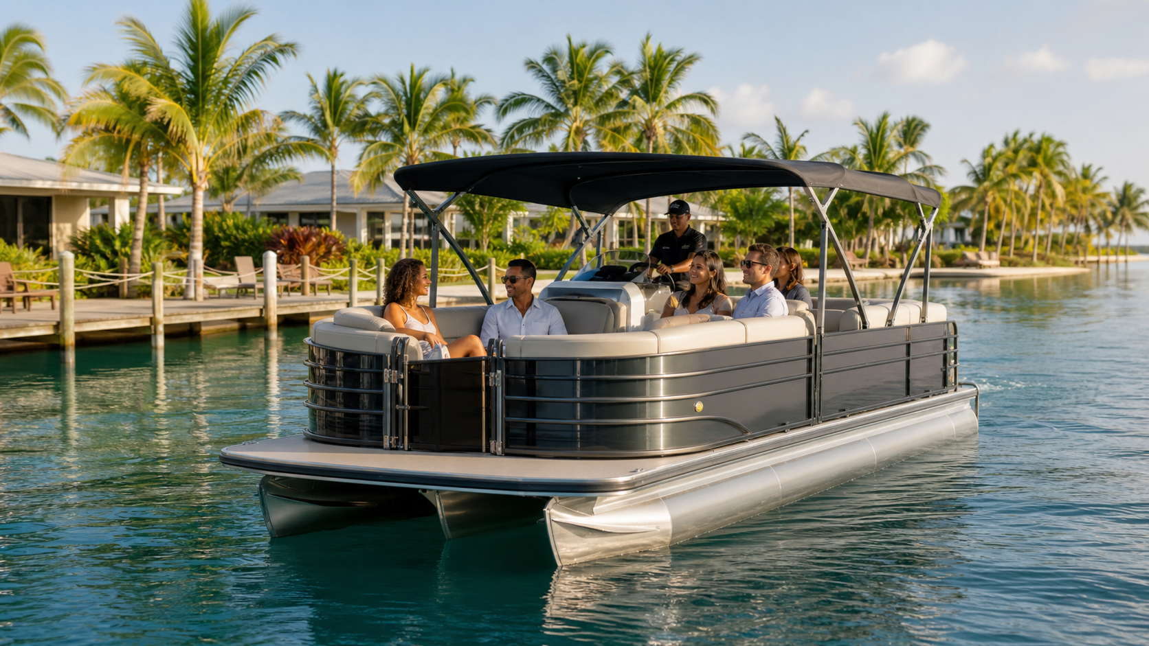 Commercial pontoon boat configured for a resort waterfront