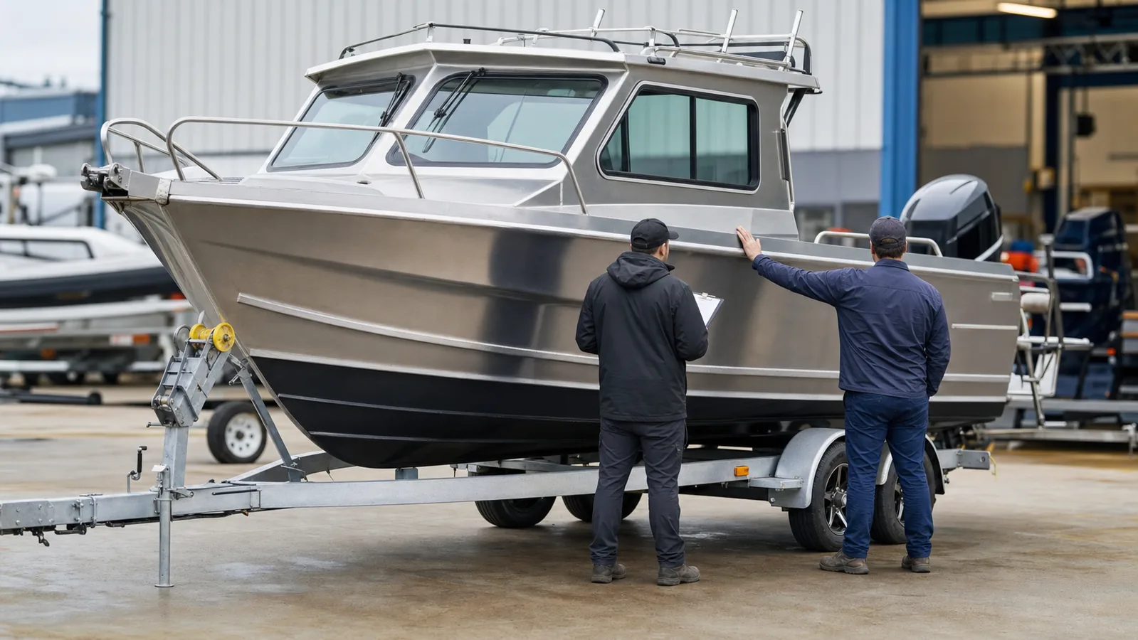 Buyer and technician inspecting an aluminum cabin fishing boat before delivery