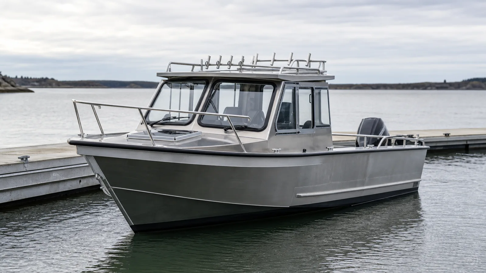 Unbranded aluminum cabin fishing boat ready for dealer inspection