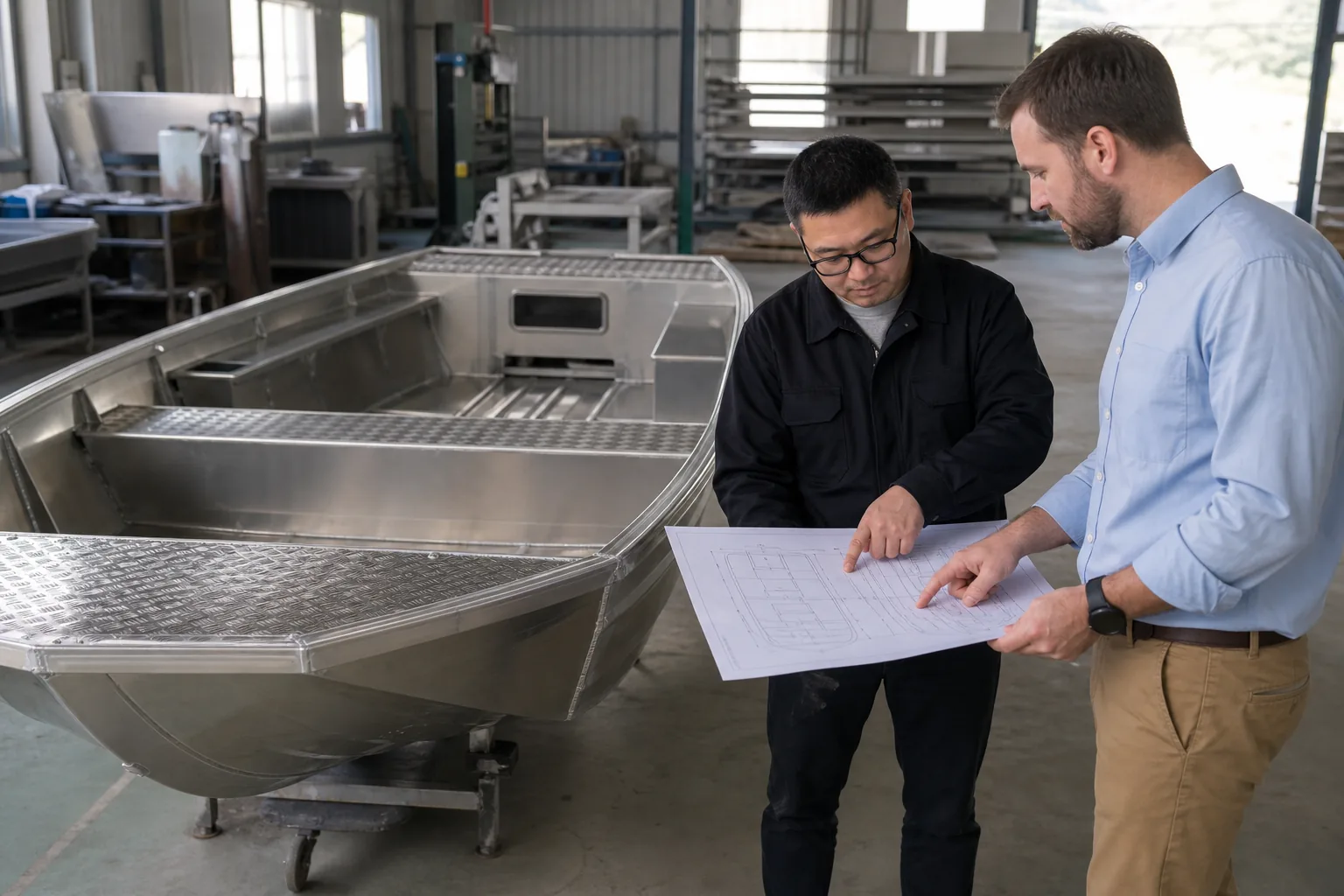 Buyer and direct aluminum boat manufacturer reviewing a layout drawing in a workshop