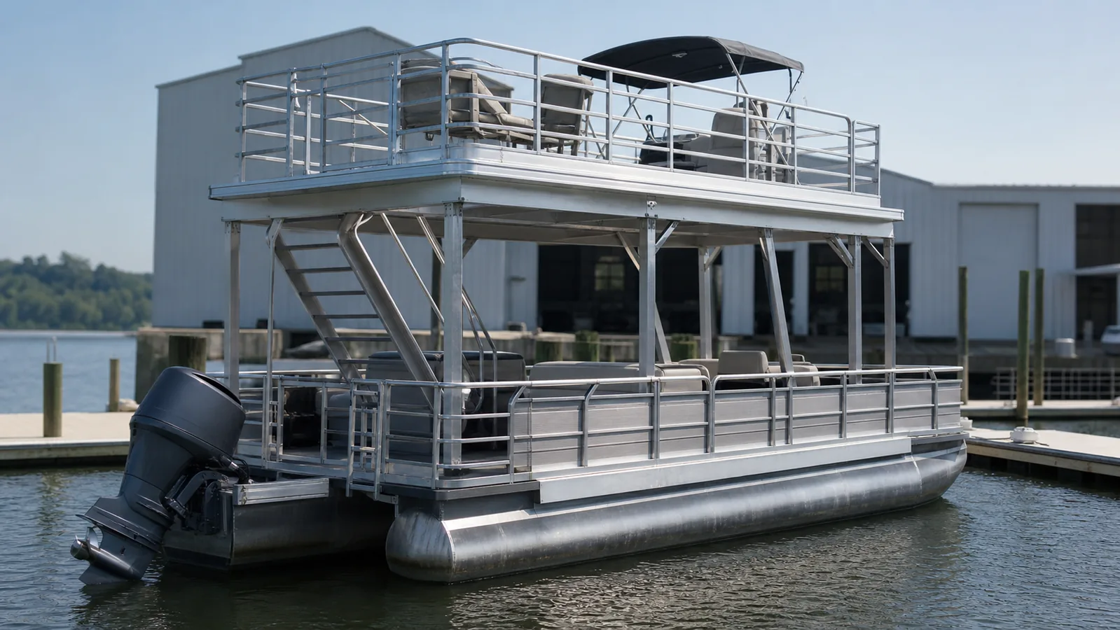 Double-decker pontoon boat viewed for engine and delivery planning