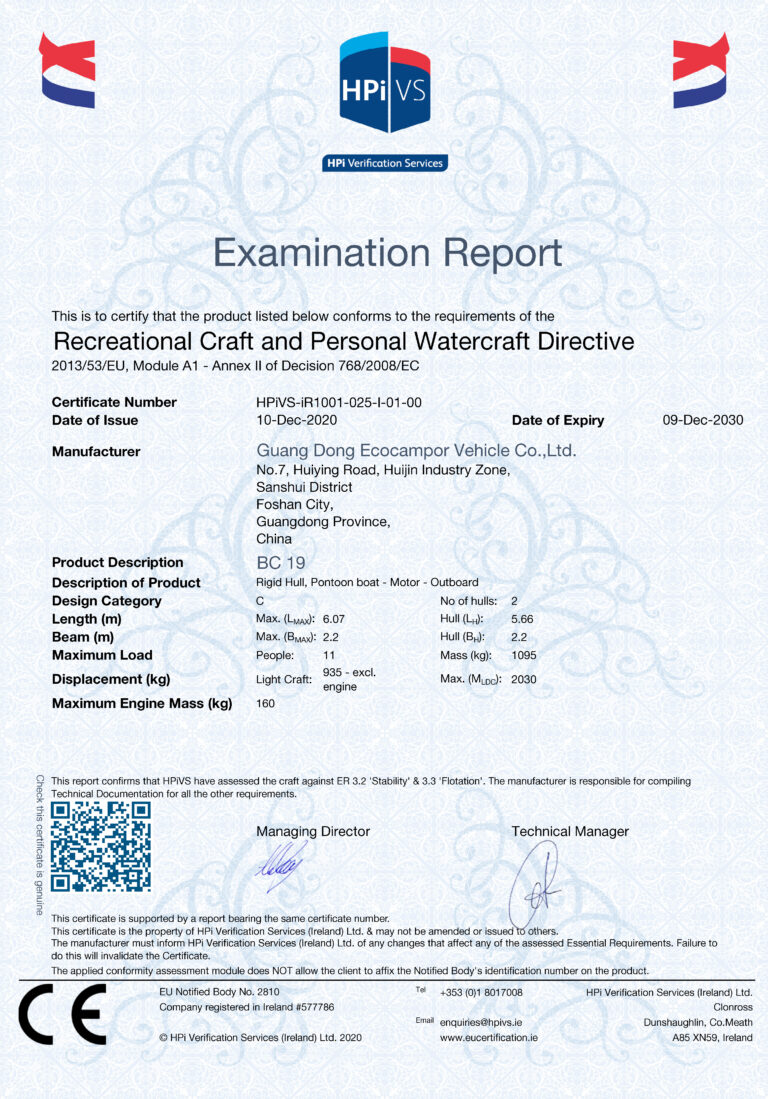 HPiVS examination report for BC 19 pontoon craft
