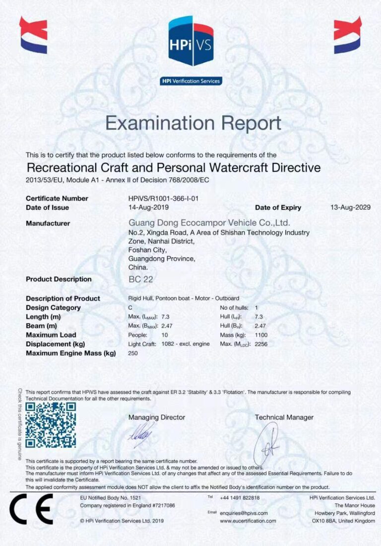 HPiVS examination report for BC 22 pontoon craft