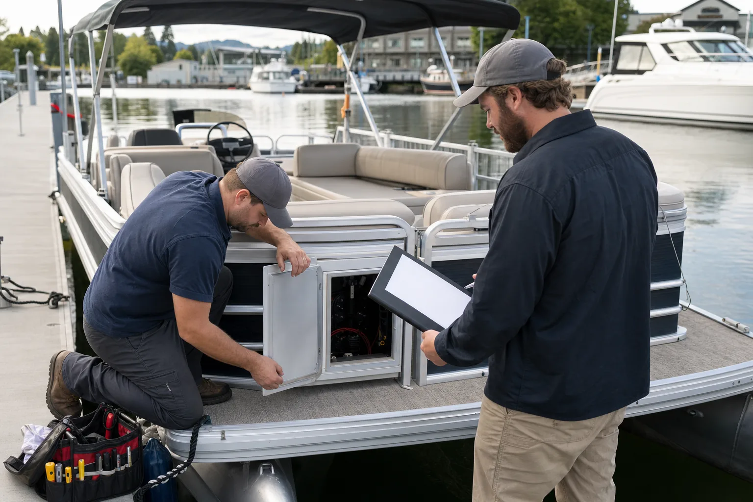 Local marina technicians inspecting an aluminum pontoon boat during handover