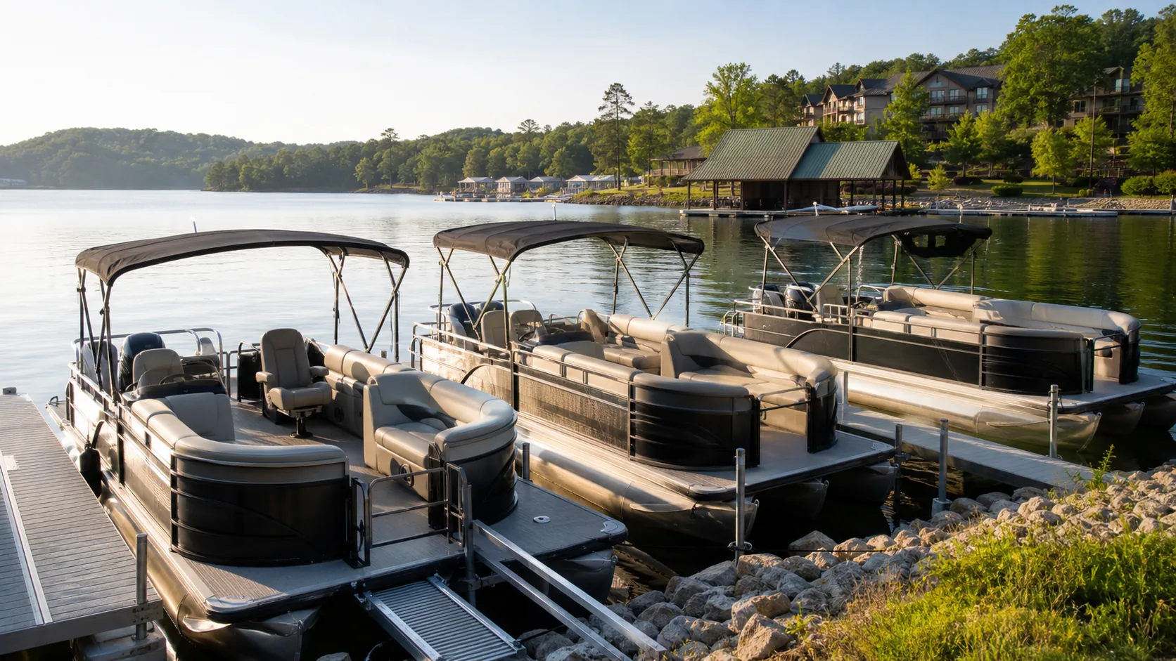 Unbranded commercial pontoon boat fleet at a rental marina