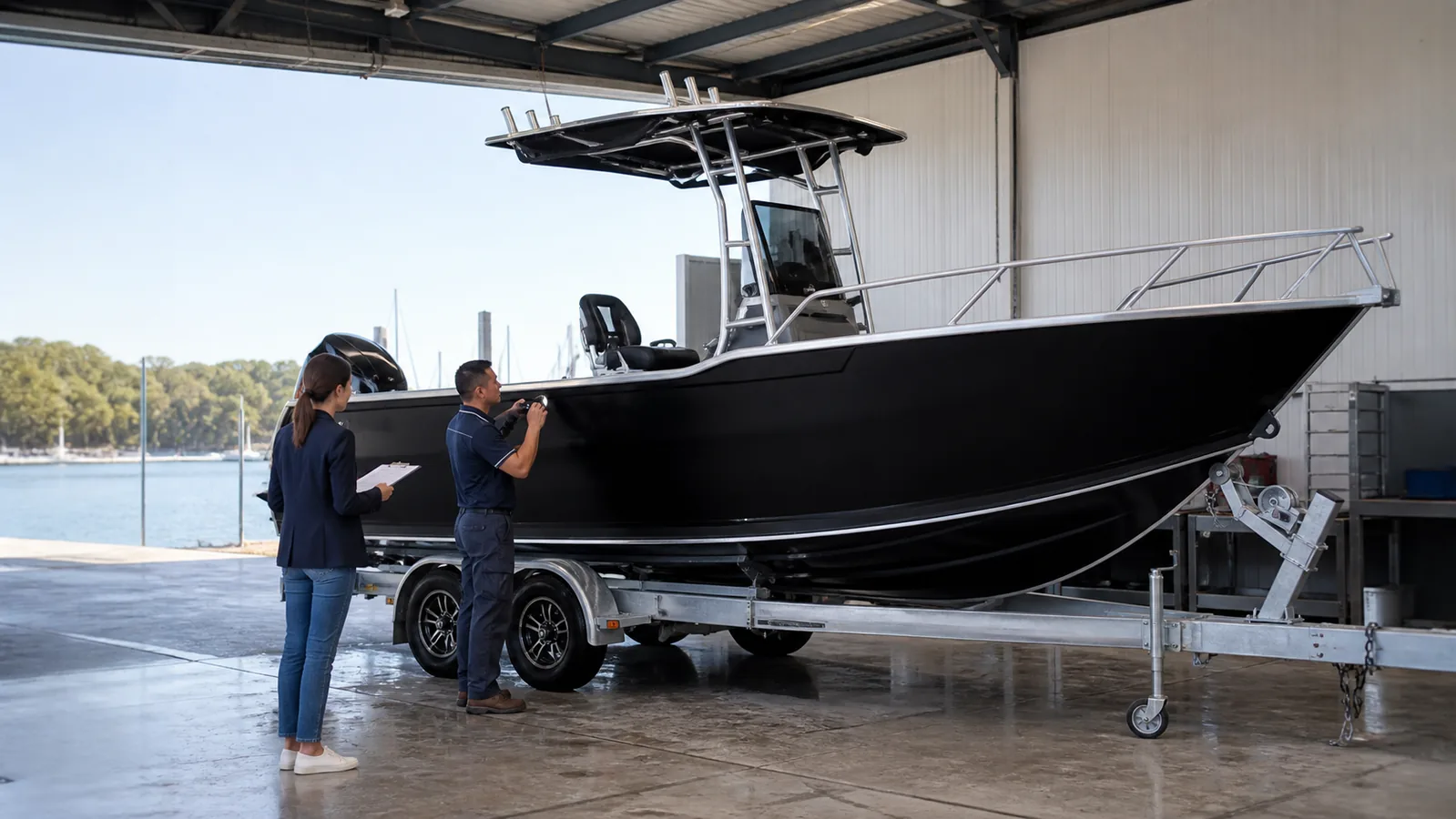 Aluminum fishing boat undergoing a buyer pre-shipment inspection