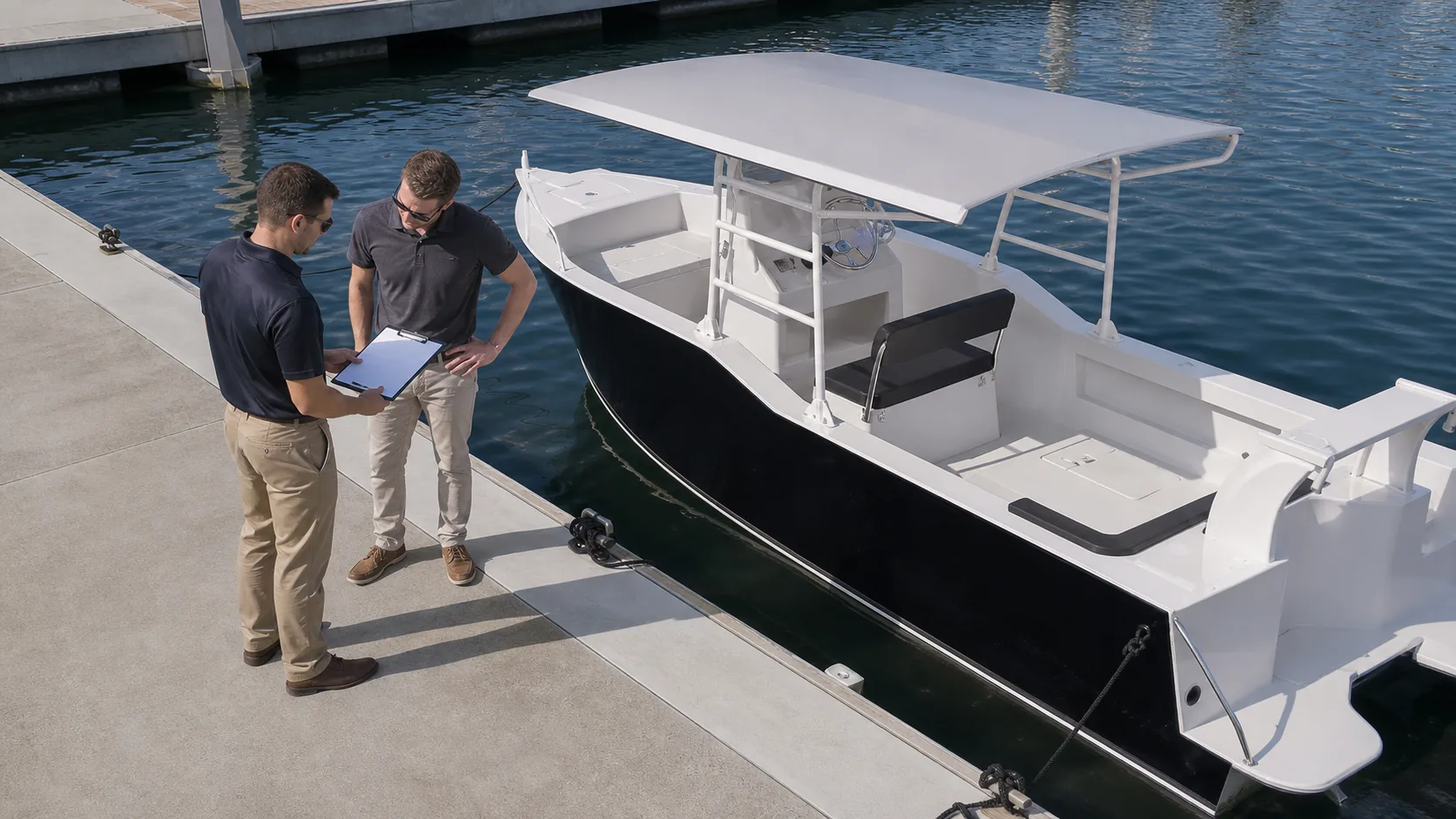 Dealer reviewing an aluminum fishing boat layout and customization scope