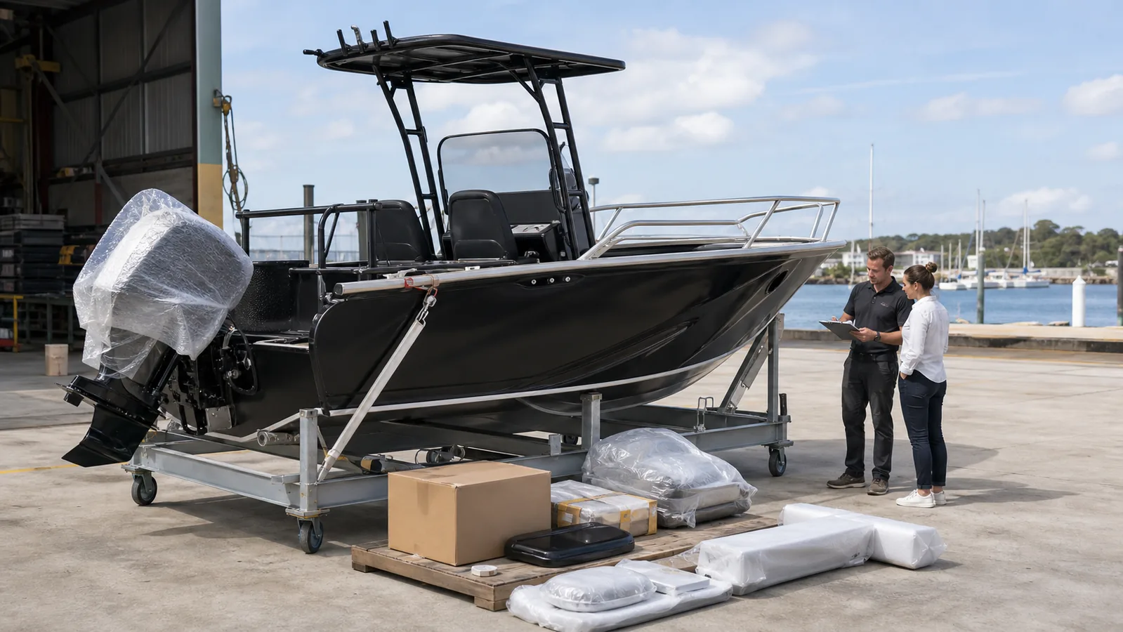 Fishing boat prepared for packing and shipment handover