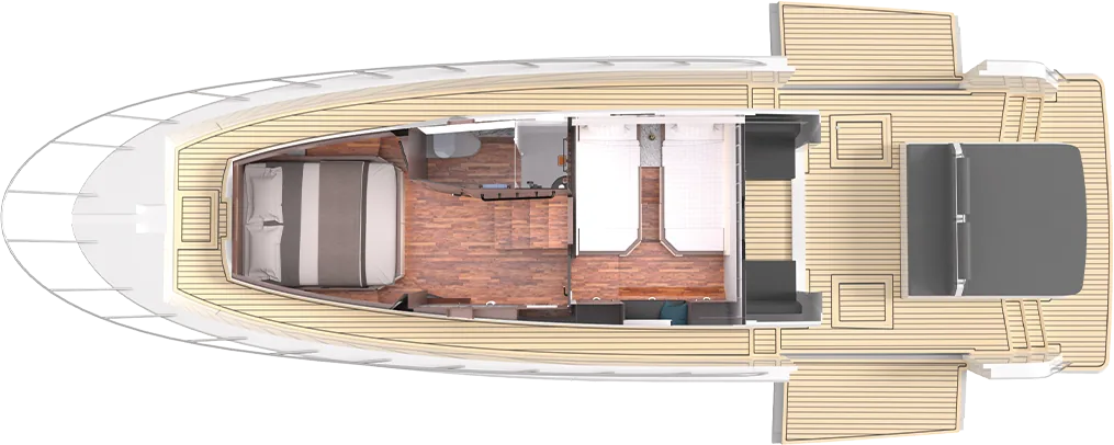 SY-410 lower deck layout plan showing double and single berths