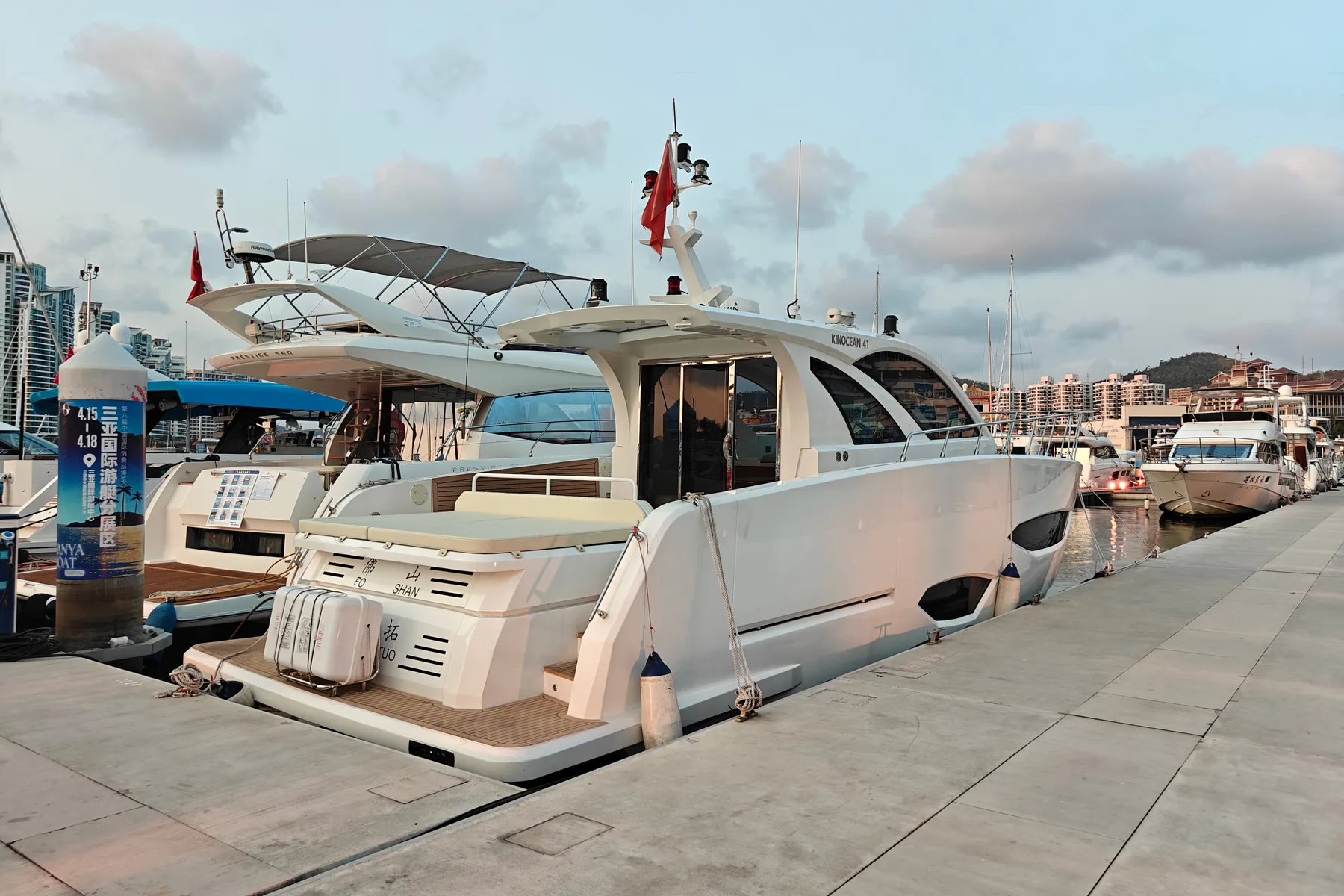 SY-410 luxury sport yacht viewed from the aft marina berth