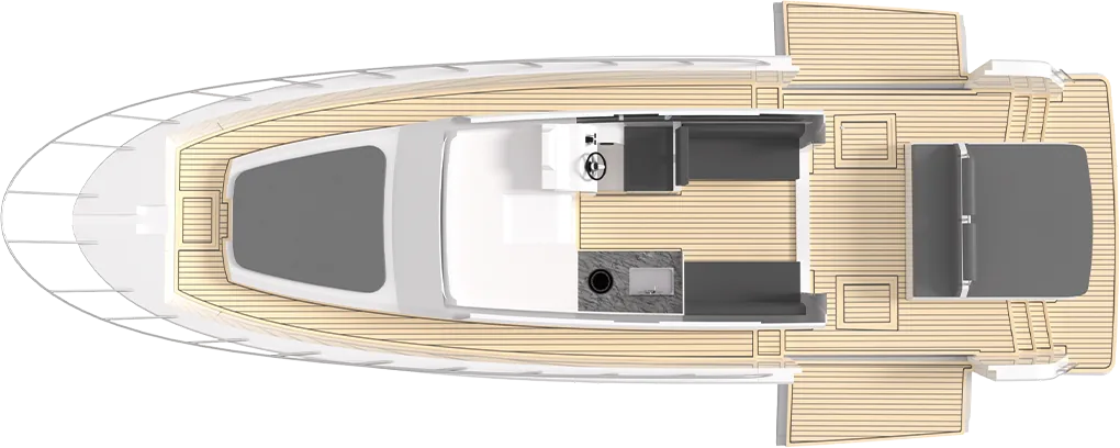 SY-410 upper deck layout plan showing helm and exterior seating