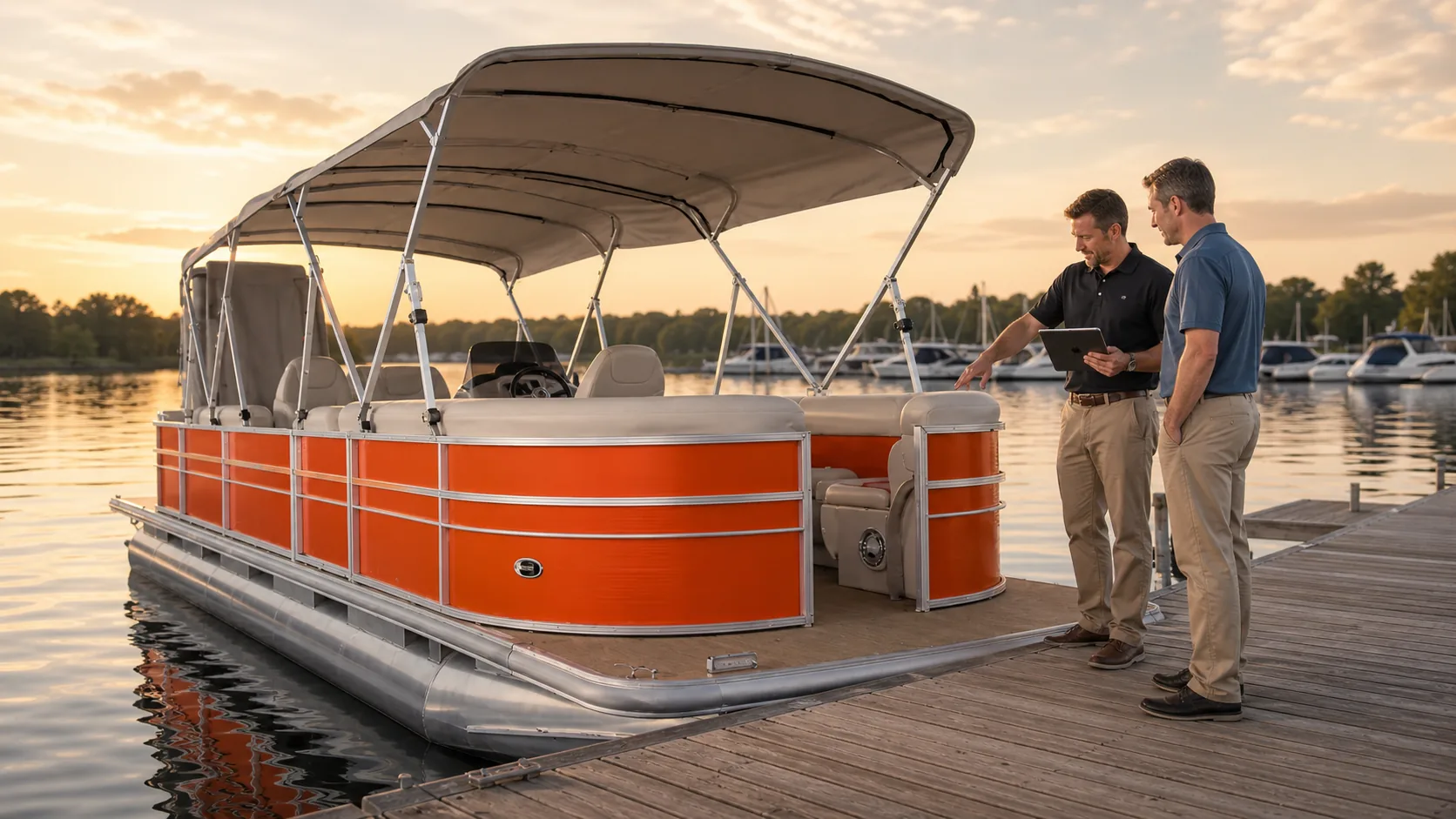 Dealer reviewing pontoon boat seating canopy and option package