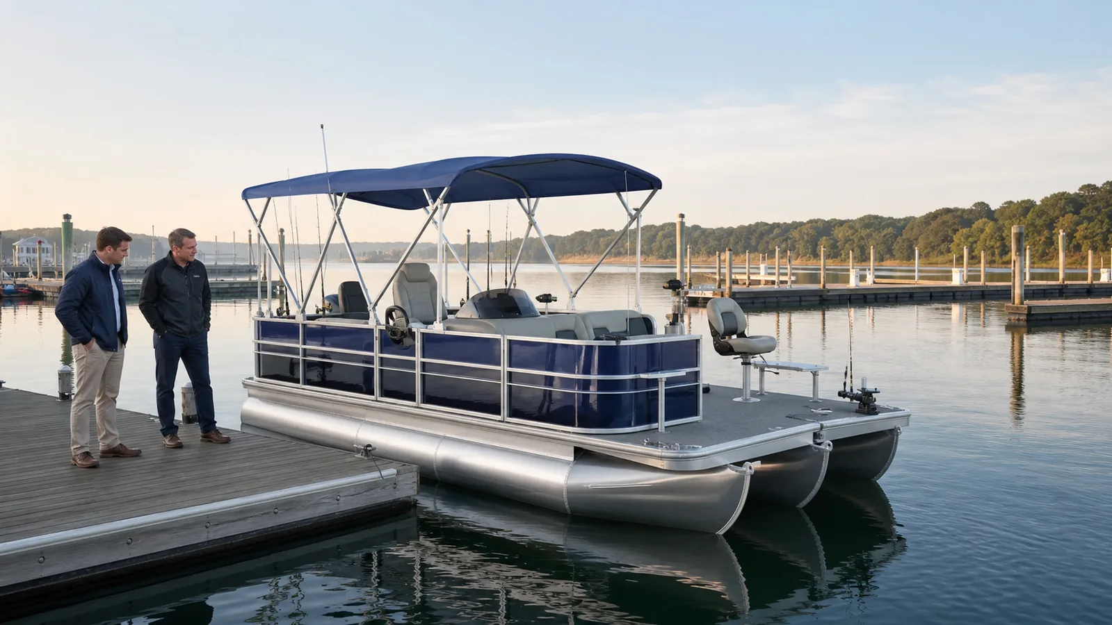 Fishing pontoon boat layout reviewed for dealer and fleet use