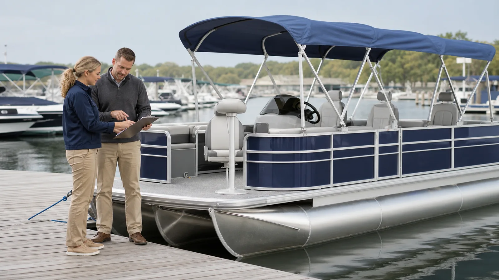 Dealer reviewing a fishing pontoon configuration with a supplier