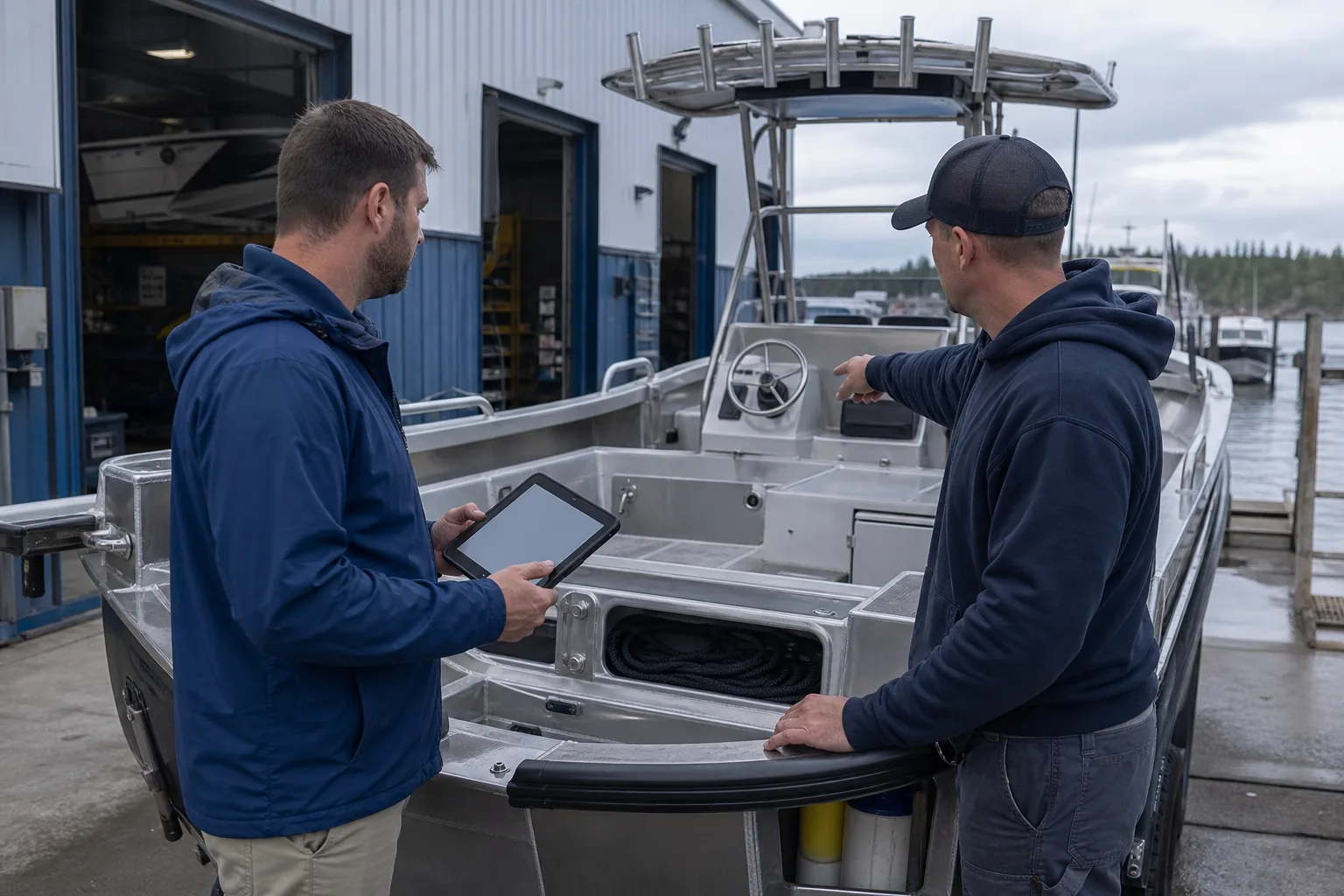 Fleet supervisor and technician reviewing a fishing boat maintenance handoff