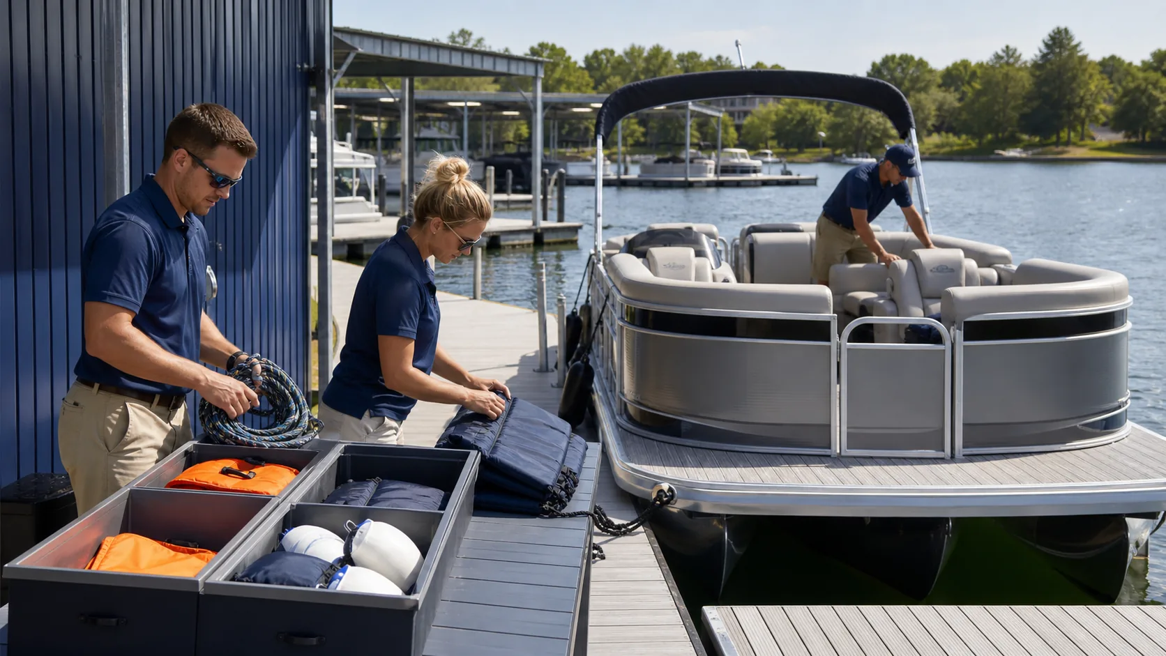 Rental fleet staff organizing safety gear and dock equipment for pontoon turnaround